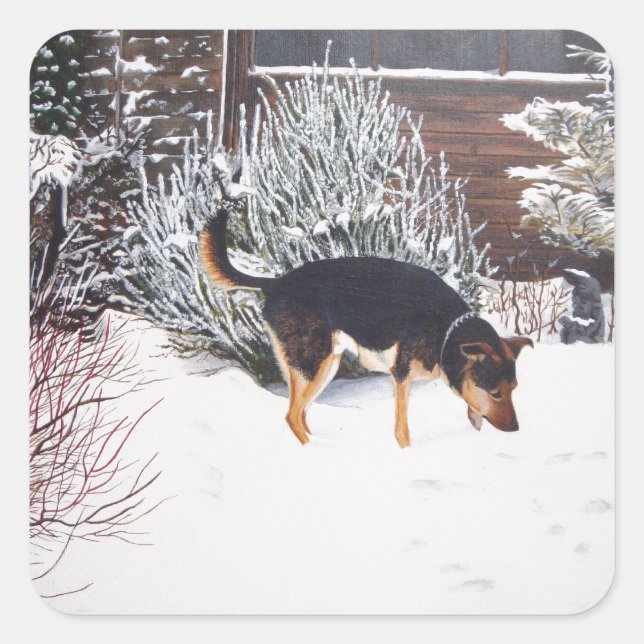 Sticker Carré Winter snow scene with cute black and tan dog (Devant)