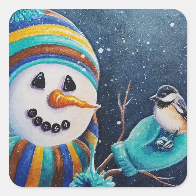 Sticker Carré Winter Snowman nourrit Chickadee Bird Aquarelle Ar (Devant)
