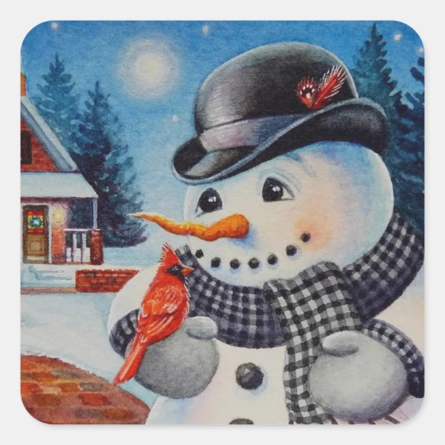 Sticker Carré Winter Snowman & Red Cardinal Bird Aquarelle Art (Devant)
