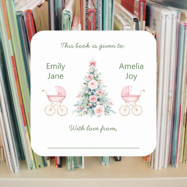 Sticker Carré Winter twin girls Baby Shower Bookplates (Créateur téléchargé)