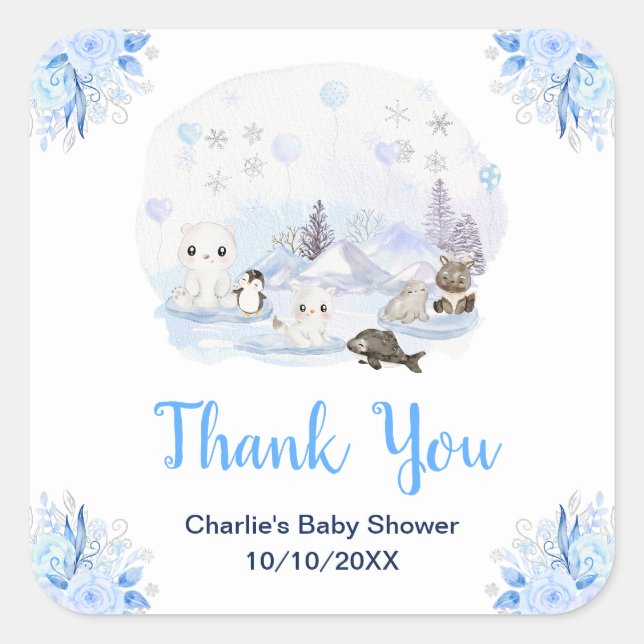 Sticker Carré Winter Wonderland Animals Baby Shower Thank You (Devant)