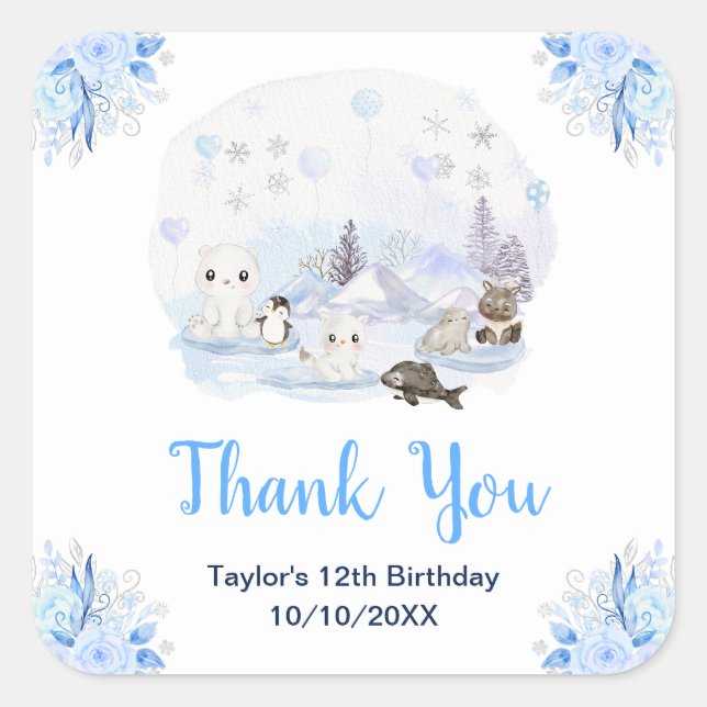 Sticker Carré Winter Wonderland Animals Birthday Party Thank You (Devant)
