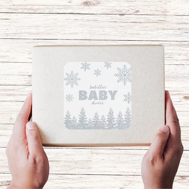Sticker Carré Winter Wonderland Silver Woodland Baby shower (winter wonderland baby shower favors sticker silver glitter woodland)
