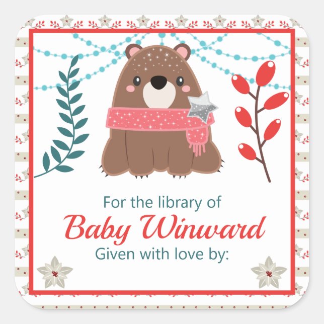 Sticker Carré Winter Woodland Bear Baby Library Plaque d'accueil (Devant)