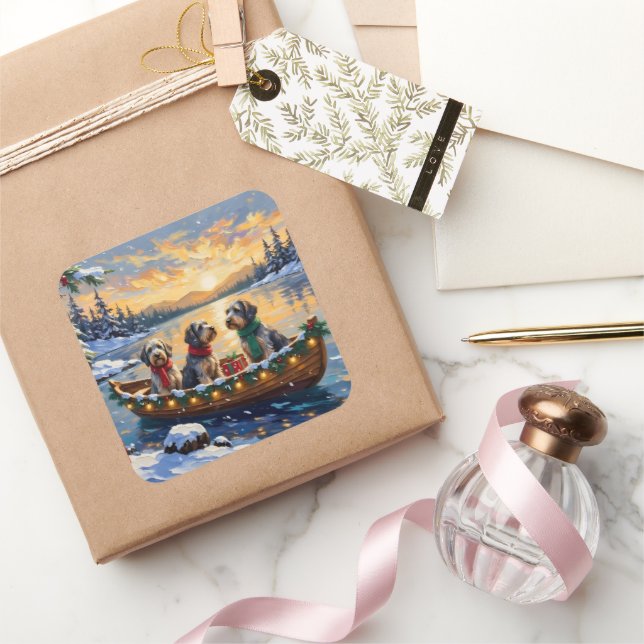 Sticker Carré Wirehaired Pointing Griffon Christmas Boat Holiday (Cadeaux)