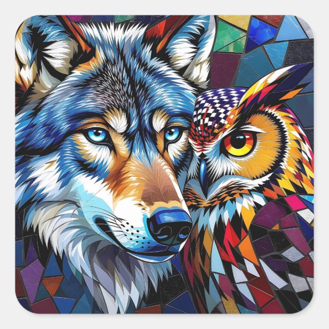 Sticker Carré Wolf and Owl Vibrant and Colorful (Devant)