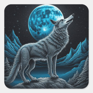 Sticker Carré Wolf debout devant la Pleine lune   Art AI