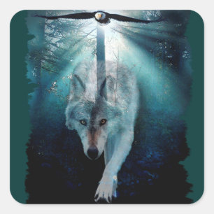 Sticker Carré Wolf & Eagle Clans Wildlife Art