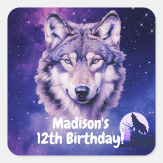 Sticker Carré Wolf Galaxy Stars Cosmique fête d'anniversaire
