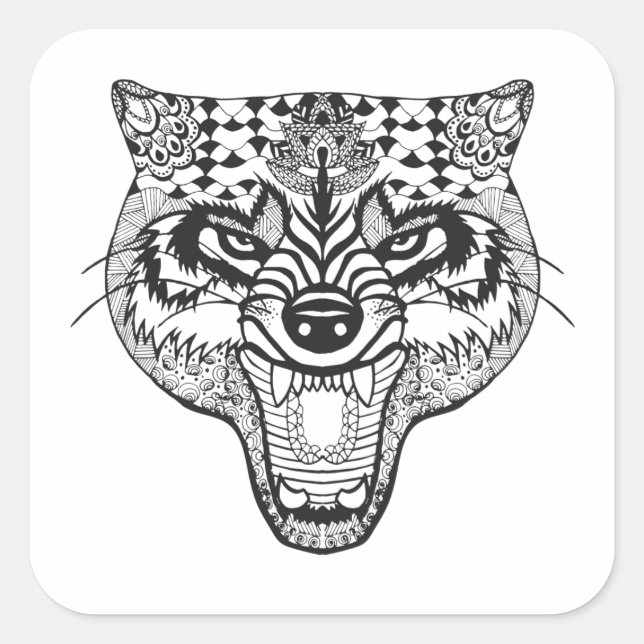 Sticker Carré Wolf inspiré par Zentangle (Devant)