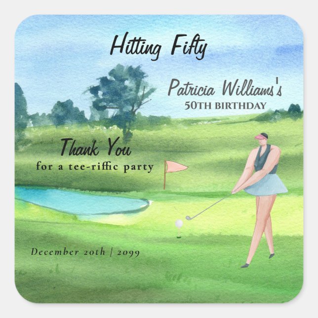 Sticker Carré Woman Golf Player Hitting Fifty 50th Birthday (Devant)