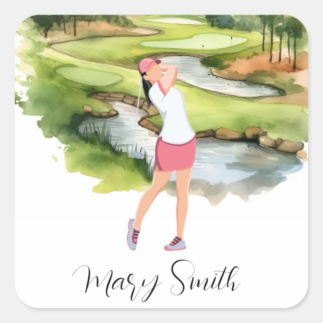 Sticker Carré Woman Golfer est golfeuse sur terrain de golf aqua (Devant)