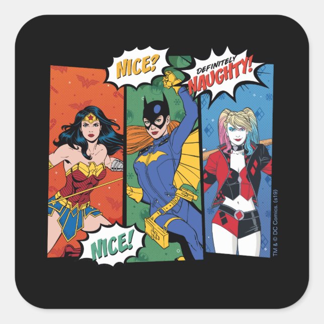 Sticker Carré Wonder Woman, Batgirl & Harley Quinn Holiday (Devant)