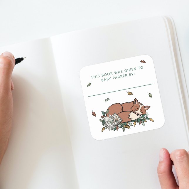 Sticker Carré Woodland Fox Storybook Baby Bookplaques (Woodland Storybook Baby Shower Bookplate )
