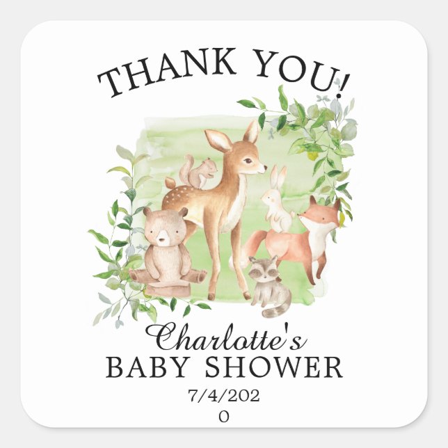 Sticker Carré Woodland Friends Baby shower neutre (Devant)
