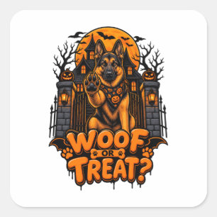 Sticker Carré Woof Or Treat Berger Allemand Halloween Chien Drôl