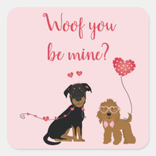 Sticker Carré Woof You Be Mine Valentine Dogs