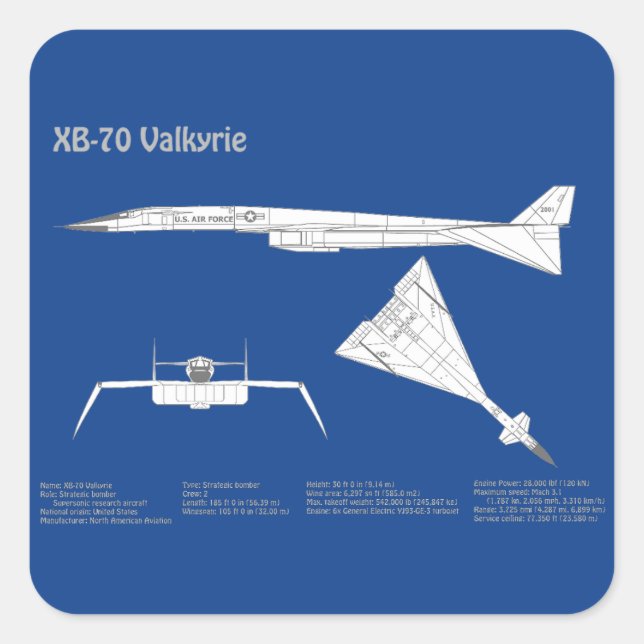 Sticker Carré XB-70 Valkyrie - Plan de plan d'avion ABD (Devant)