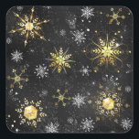 Sticker Carré Xmas Golden Snowflakes on Black Background<br><div class="desc">Black Christmas background with gold and black jewelry snowflakes. Golden snowflakes. Xmas.</div>