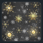 Sticker Carré Xmas Golden Snowflakes on Black Background<br><div class="desc">Black Christmas background with gold and black jewelry snowflakes. Golden snowflakes. Xmas.</div>