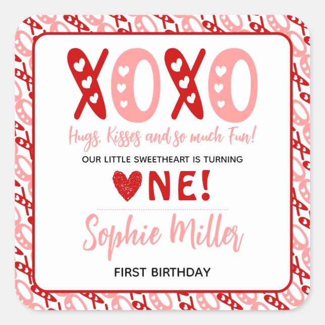 Sticker Carré XOXO Hugs & Kisses Saint Valentin 1er anniversaire (Devant)