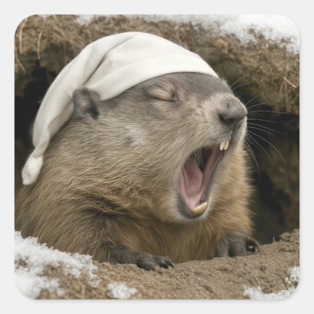 Sticker Carré Yawning Groundhog Wearing a Nightcap (Devant)
