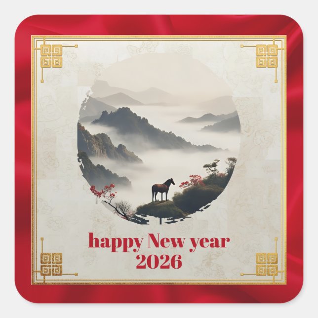 Sticker Carré Year of the Horse 2026 Chinese New Year Mountain  (Devant)