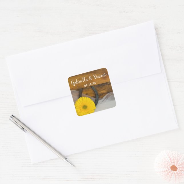 Sticker Carré Yellow Daisy et Horseshoe Pays Mariage occidental (Enveloppe)