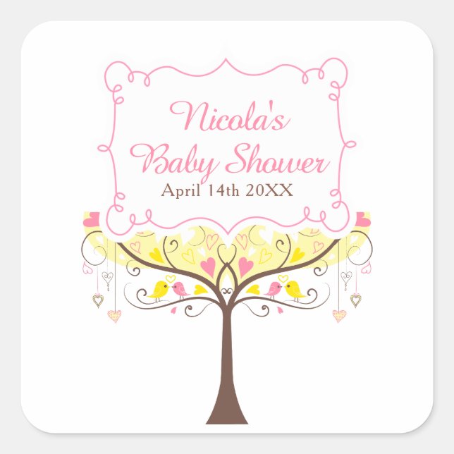 Sticker Carré Yellow Pink Floral Bird Baby Shower  (Devant)