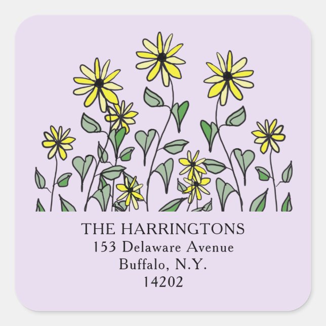 Sticker Carré Yellow Wildflowers Lavender Floral Address Label (Devant)