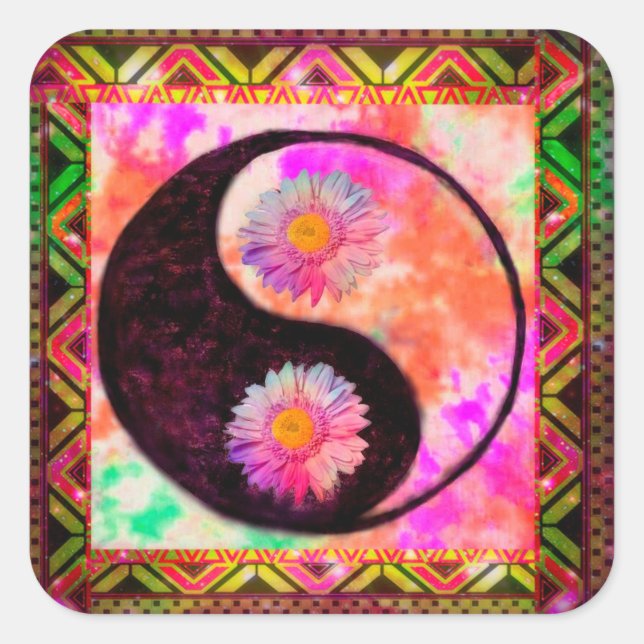 Sticker Carré Yin Yang Boho Aztec Peace Love Tie Dye Rainbow (Devant)