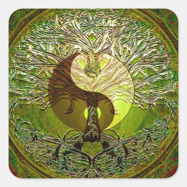 Sticker Carré Yin Yang Mandala vert avec arbre de vie (Devant)