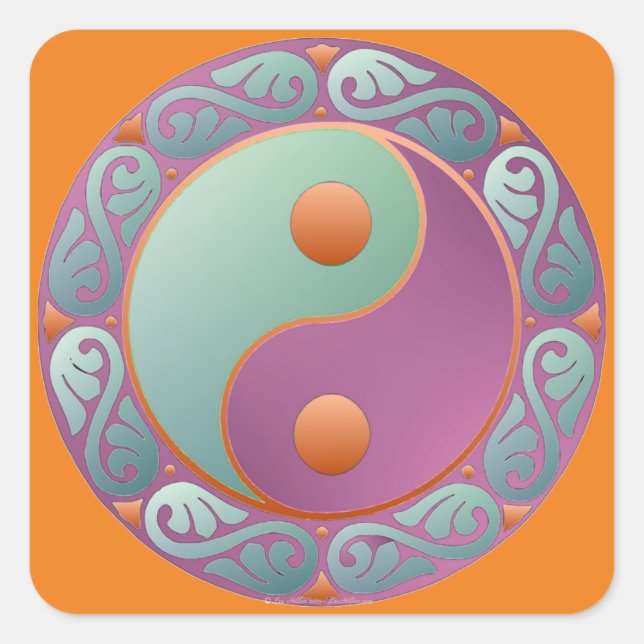 Sticker Carré Yin Yang Médaillon Violet Turquoise (Devant)