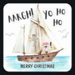 Sticker Carré Yo Ho Pirate Père Noël Navire Joyeux Noël<br><div class="desc">Ahoy ! Partagez un humour de vacances avec ces autocollants de Noël (ou enveloppes) avec une Père Noël de pirate d'aquarelle tenant une boisson tropicale à la noix de coco ; un bateau de pirate et un jolly roger avec les légendes "Aargh !" et "Yo Ho Ho". L'accueil (présenté ici...</div>