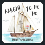 Sticker Carré Yo Ho Pirate Père Noël Navire Joyeux Noël<br><div class="desc">Ahoy ! Partagez un humour de vacances avec ces autocollants de Noël (ou enveloppes) avec une Père Noël de pirate d'aquarelle tenant une boisson tropicale à la noix de coco ; un bateau de pirate et un jolly roger avec les légendes "Aargh !" et "Yo Ho Ho". L'accueil (présenté ici...</div>