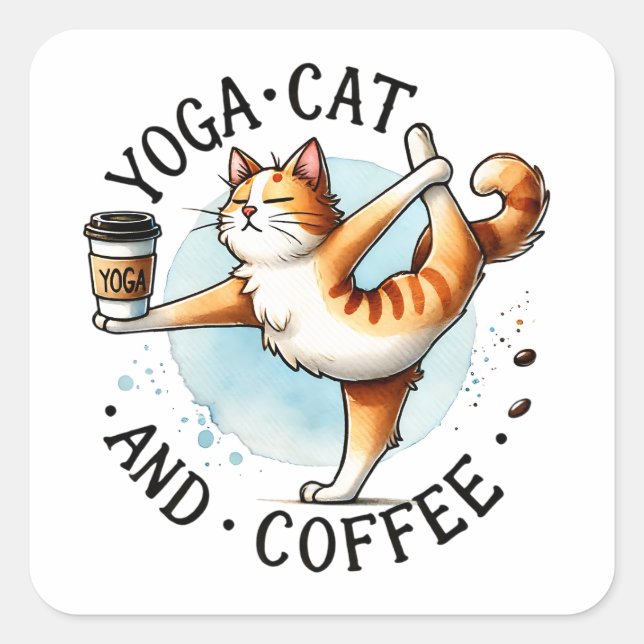 Sticker Carré "Yoga Cat and Coffee" Amusants Amoureux de les cha (Devant)
