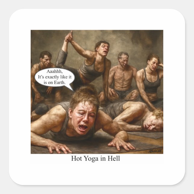Sticker Carré Yoga chaud en enfer. (Devant)