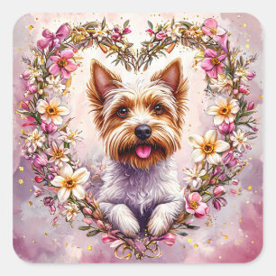 Sticker Carré Yorkie adorable entouré de couronnes florales
