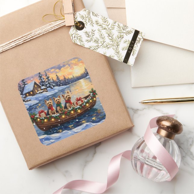 Sticker Carré Yorkipoo Christmas Boat Holiday (Cadeaux)