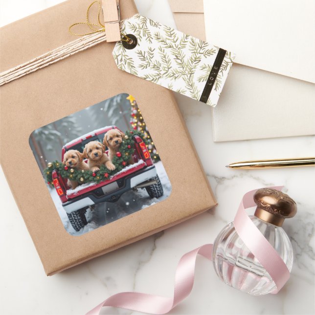 Sticker Carré Yorkipoo Christmas Red Truck Holiday Gift (Cadeaux)