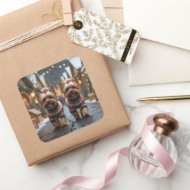 Sticker Carré Yorkipoo Dogs Christmas Snow Holiday (Cadeaux)