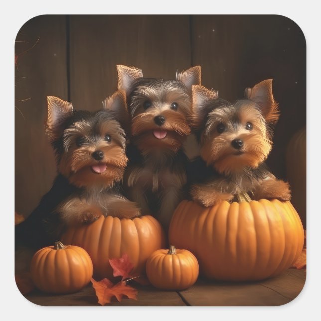 Sticker Carré Yorkshire Terrier Chiot Automne Citrouille délice (Devant)