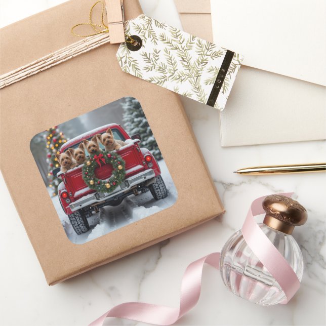 Sticker Carré Yorkshire Terrier Christmas Red Truck Holiday Gift (Cadeaux)