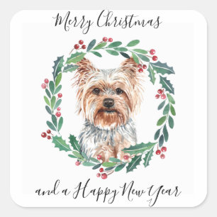 Sticker Carré Yorkshire Terrier Elegant Chien Joyeux Noël