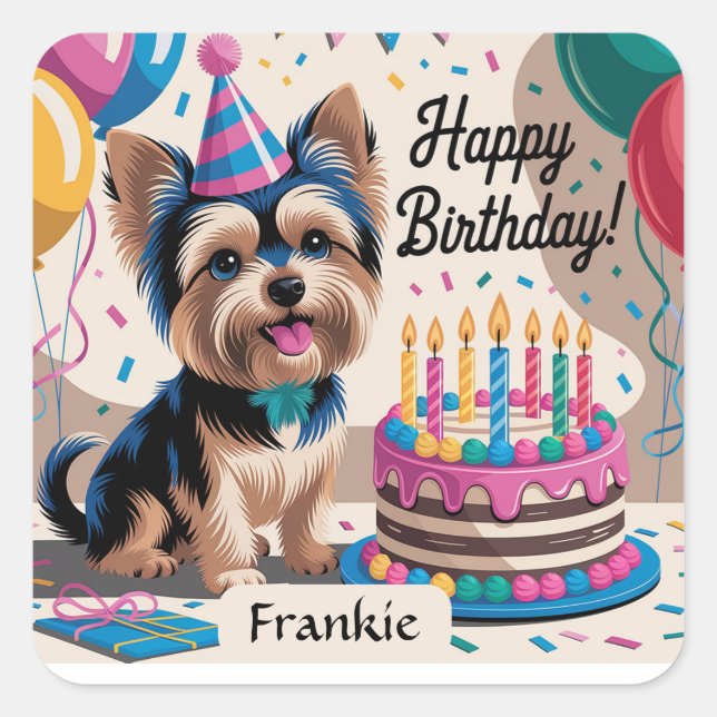 Sticker Carré Yorkshire Terrier Joyeux anniversaire (Devant)