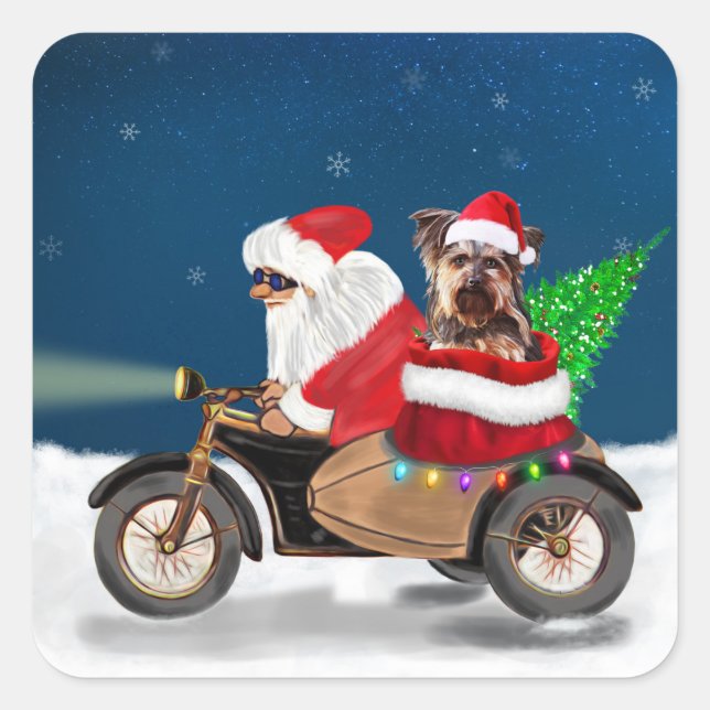 Sticker Carré Yorkshire Terrier's Ride Santa Claus sur moto (Devant)