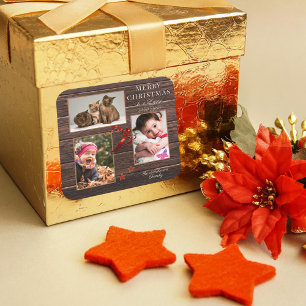 Sticker Carré Your Photo Rustic Wood Christmas Holiday