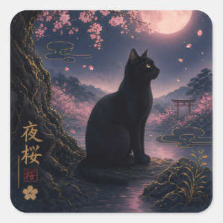 Sticker Carré Yozakura japonaise nuit Sakura chat noir esthétiqu