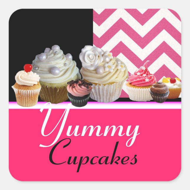STICKER CARRÉ YUMMY ANNIVERSAIRE CUPCAKES / CHEVRON BLANC ROSE (Devant)