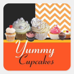 STICKER CARRÉ YUMMY ANNIVERSAIRE CUPCAKES / ORANGE CHEVRON BLANC